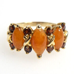 14K Yellow Gold Orange Marquise Gemstone Cluster Ring Red Accents Size 6